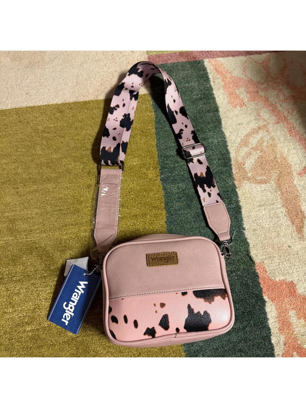 NEW-Super Cute 7" Pink Blush Wrangler Women's Crossbody Bag Western Cow Print